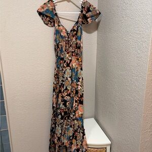 Angie Black Floral Maxi Dress with Ruffled Sleeves